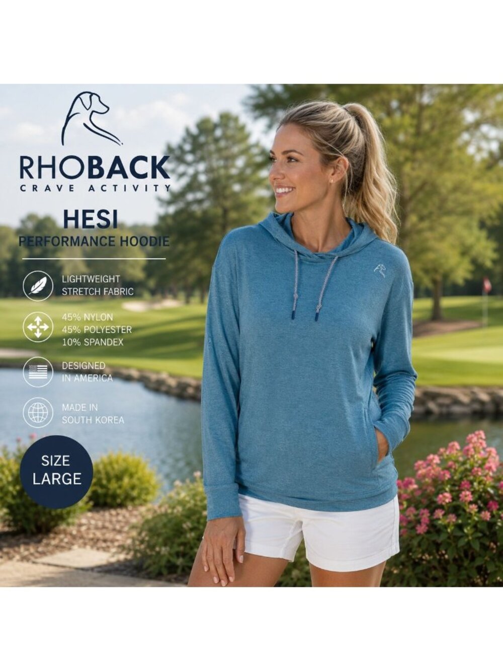 Rhoback Hesi Performance Hoodie Womens L Blue Teal Golf Stretch Pullover